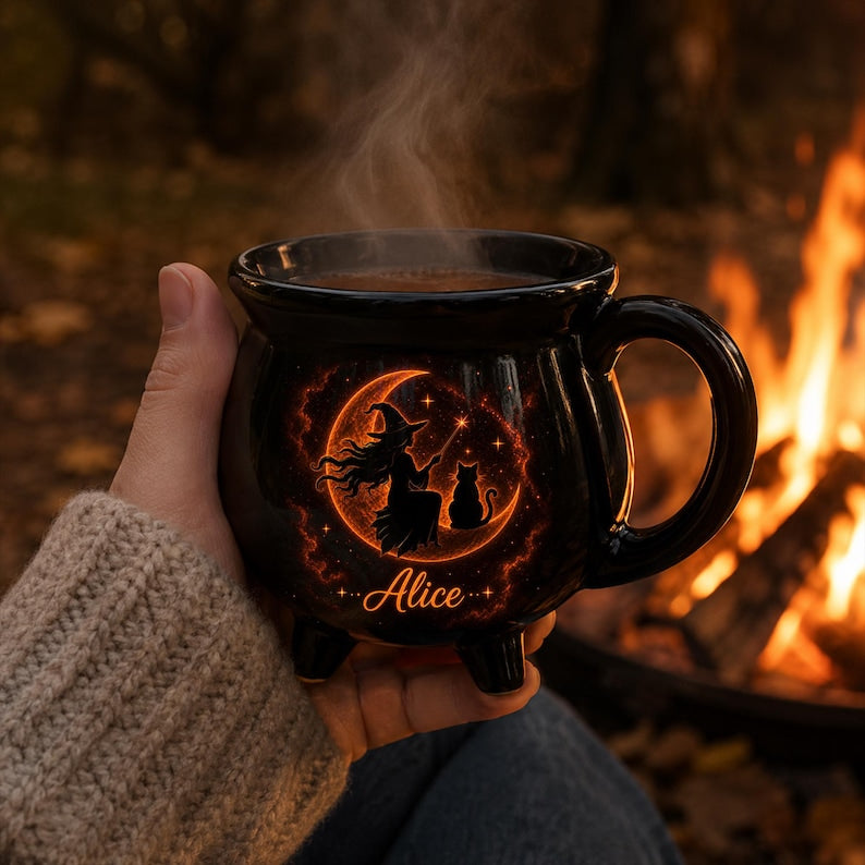 Personalized Cauldron Mug, Witchy Coffee Cup, Black Cat Moon Design