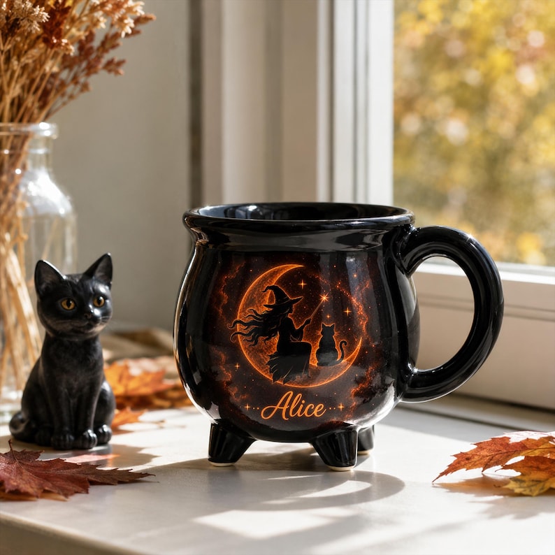 Personalized Cauldron Mug, Witchy Coffee Cup, Black Cat Moon Design