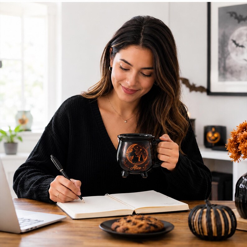 Personalized Cauldron Mug, Witchy Coffee Cup, Black Cat Moon Design