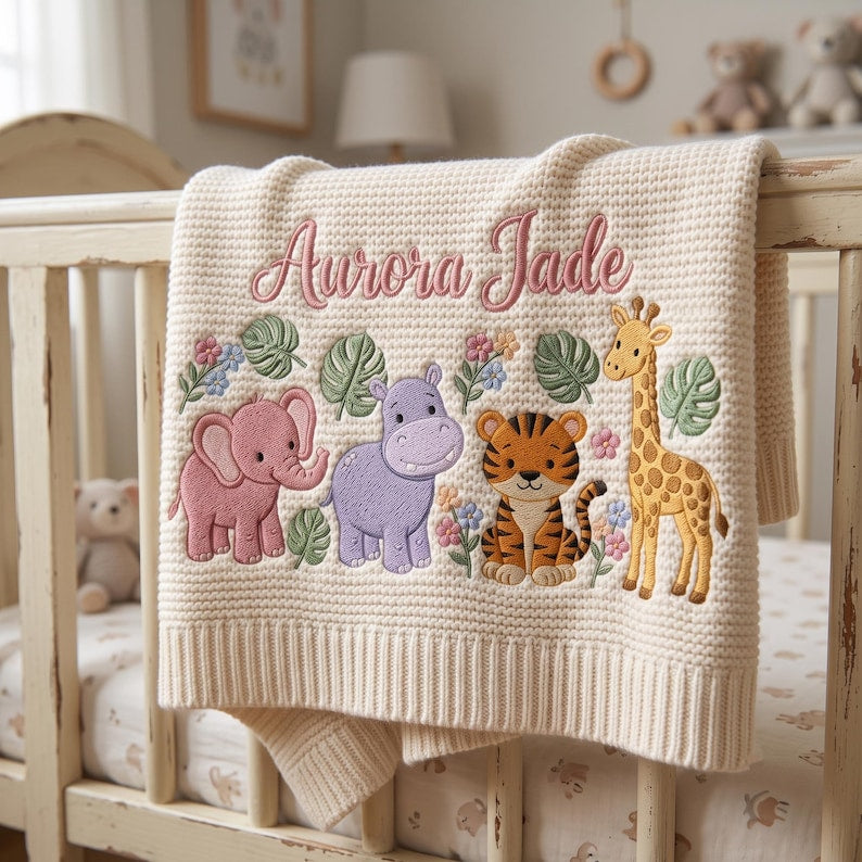 Personalized Safari Baby Blanket Name, Custom Embroidered Elephant Giraffe Keepsake Newborn