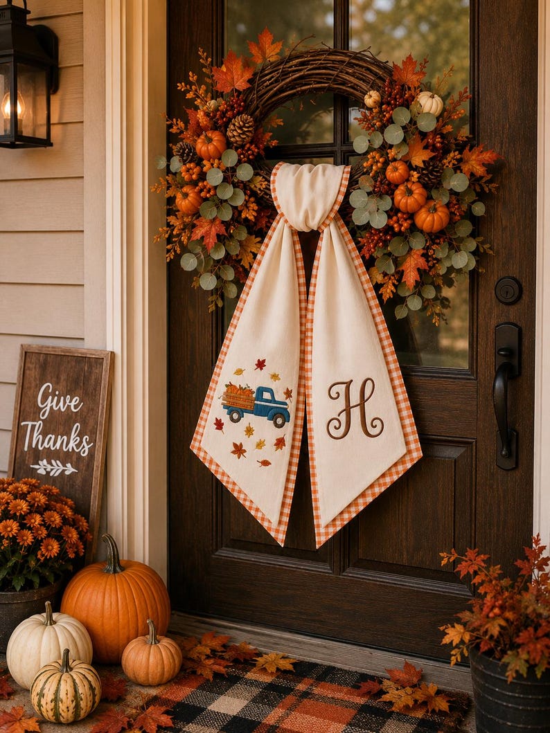 Embroidered Personalized Autumn Pumpkin Truck Wreath Sash, Monogram Letter Autumn Leaves Pumpkin Patch Thanksgiving Sash