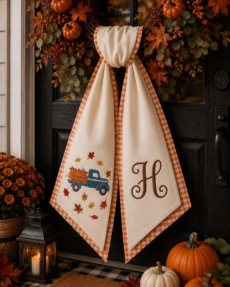 Embroidered Personalized Autumn Pumpkin Truck Wreath Sash, Monogram Letter Autumn Leaves Pumpkin Patch Thanksgiving Sash