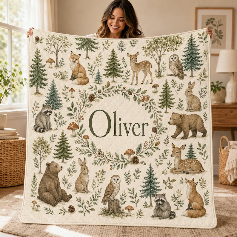 Personalized Woodland Animal Quilt Blanket, Custom Name Forest Nursery Decor, Baby Shower Gift