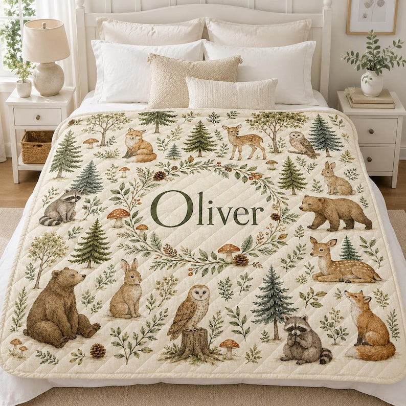 Personalized Woodland Animal Quilt Blanket, Custom Name Forest Nursery Decor, Baby Shower Gift