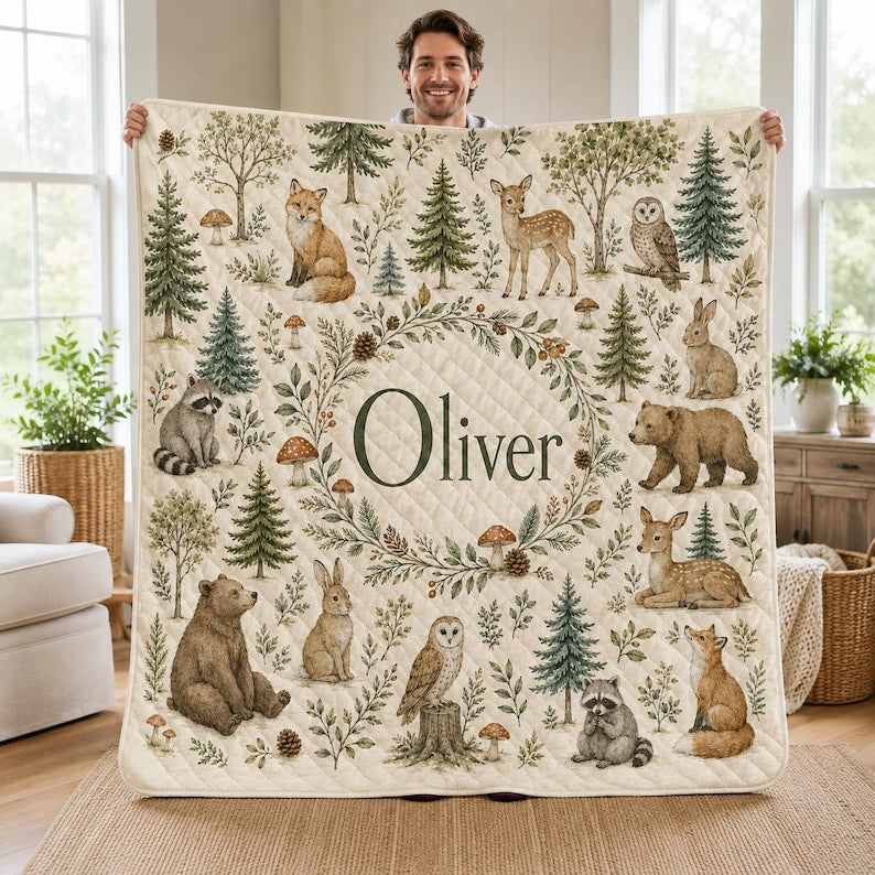 Personalized Woodland Animal Quilt Blanket, Custom Name Forest Nursery Decor, Baby Shower Gift