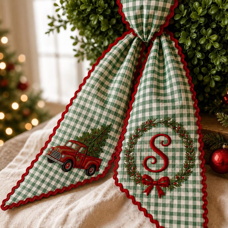 Personalized Red Truck Christmas Tree Wreath Sash, Gingham Front Door Ric Rac Bow, Embroidered Holiday Decor