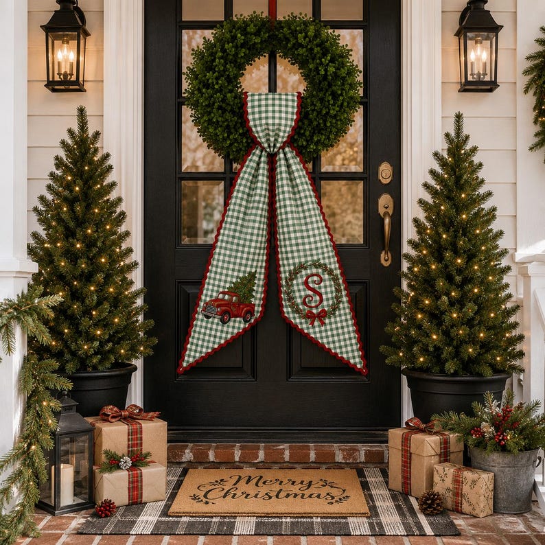 Personalized Red Truck Christmas Tree Wreath Sash, Gingham Front Door Ric Rac Bow, Embroidered Holiday Decor