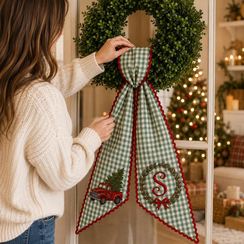 Personalized Red Truck Christmas Tree Wreath Sash, Gingham Front Door Ric Rac Bow, Embroidered Holiday Decor