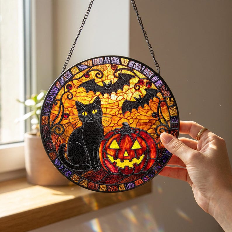 Black Cat Pumpkin Stained Glass Suncatcher: Halloween Window Hanging, Spooky Cat Decor