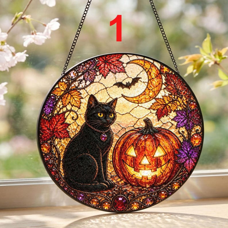 Black Cat Pumpkin Stained Glass Suncatcher: Halloween Window Hanging, Spooky Cat Decor