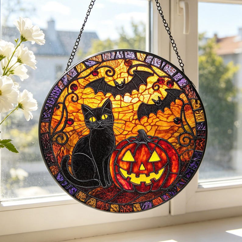Black Cat Pumpkin Stained Glass Suncatcher: Halloween Window Hanging, Spooky Cat Decor