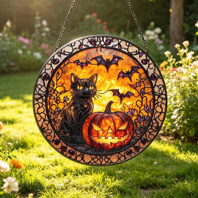 Black Cat Pumpkin Stained Glass Suncatcher: Halloween Window Hanging, Spooky Cat Decor