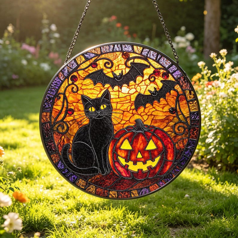 Black Cat Pumpkin Stained Glass Suncatcher: Halloween Window Hanging, Spooky Cat Decor