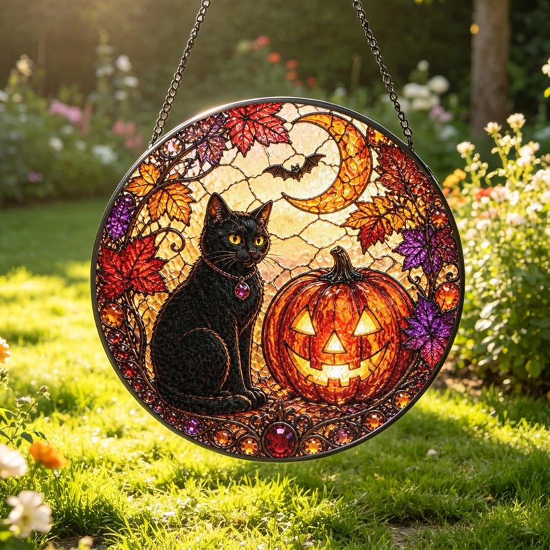 Black Cat Pumpkin Stained Glass Suncatcher: Halloween Window Hanging, Spooky Cat Decor