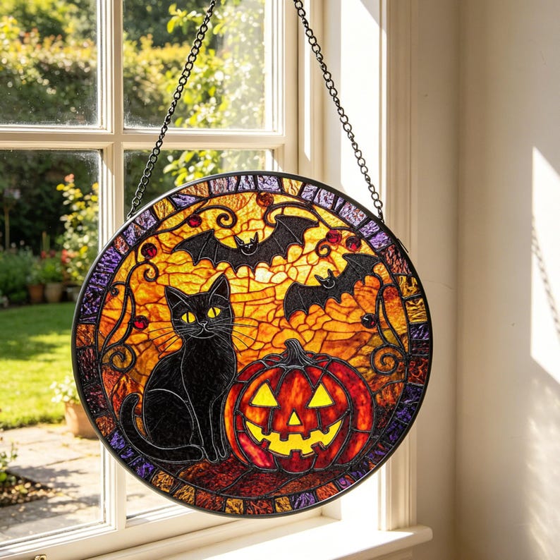 Black Cat Pumpkin Stained Glass Suncatcher: Halloween Window Hanging, Spooky Cat Decor