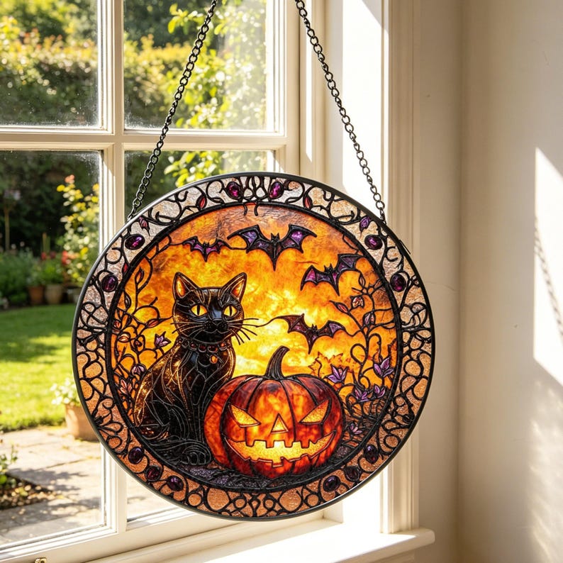 Black Cat Pumpkin Stained Glass Suncatcher: Halloween Window Hanging, Spooky Cat Decor