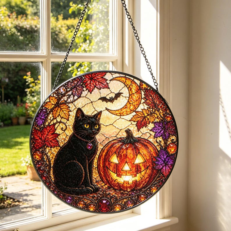 Black Cat Pumpkin Stained Glass Suncatcher: Halloween Window Hanging, Spooky Cat Decor