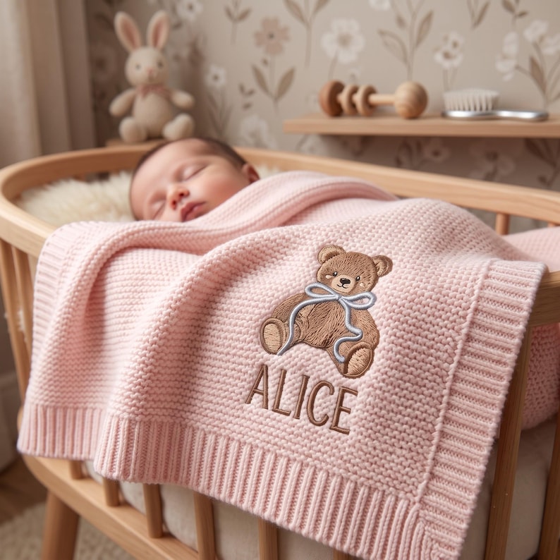 Personalized Embroidered Teddy Bear Baby Blanket with Name, Custom Knit Newborn Gift, Gift For Baby