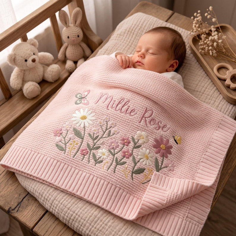 Personalized Floral Embroidered Baby Blanket, Custom Name Knitted Throw, Welcome Baby Blanket, Nursery Keepsake