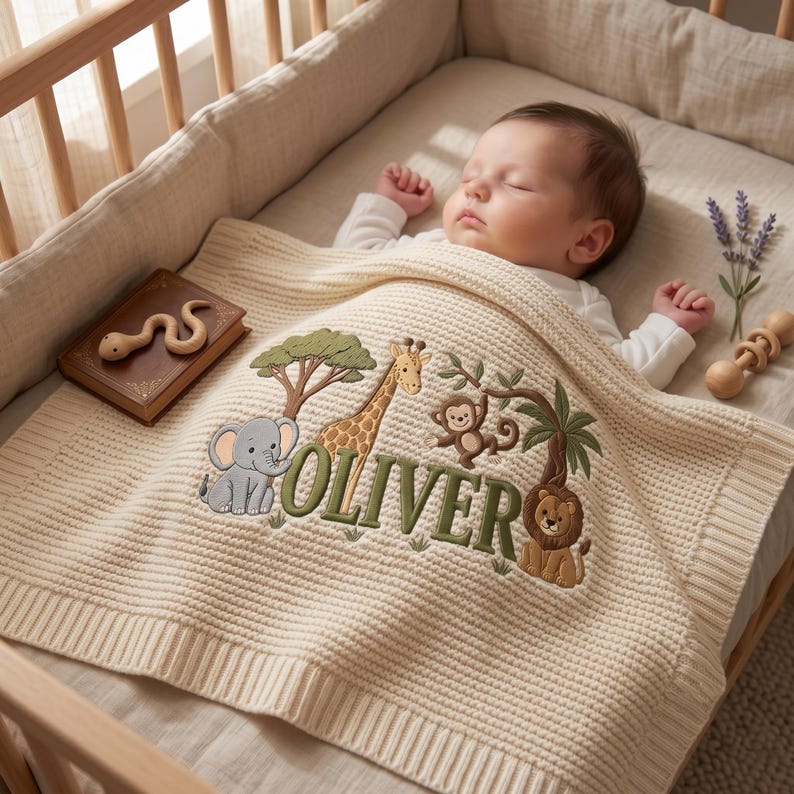 Personalized Embroidered Lion Baby Blanket Name, Custom Name Giraffe Safari Newborn Gift