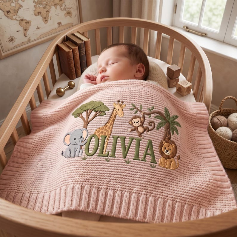 Personalized Embroidered Lion Baby Blanket Name, Custom Name Giraffe Safari Newborn Gift