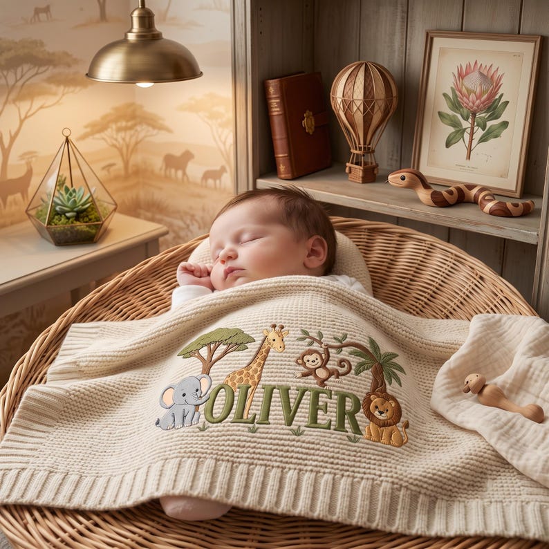 Personalized Embroidered Lion Baby Blanket Name, Custom Name Giraffe Safari Newborn Gift