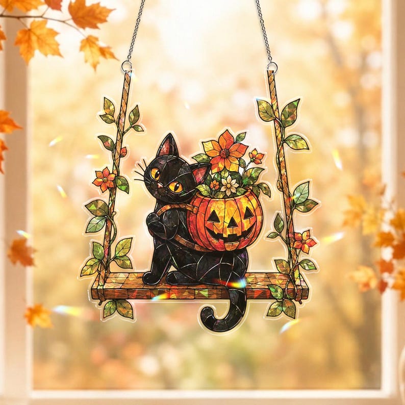 Black Cat Swing Suncatcher Acrylic, Jack O Lantern Autumn Window Hanging