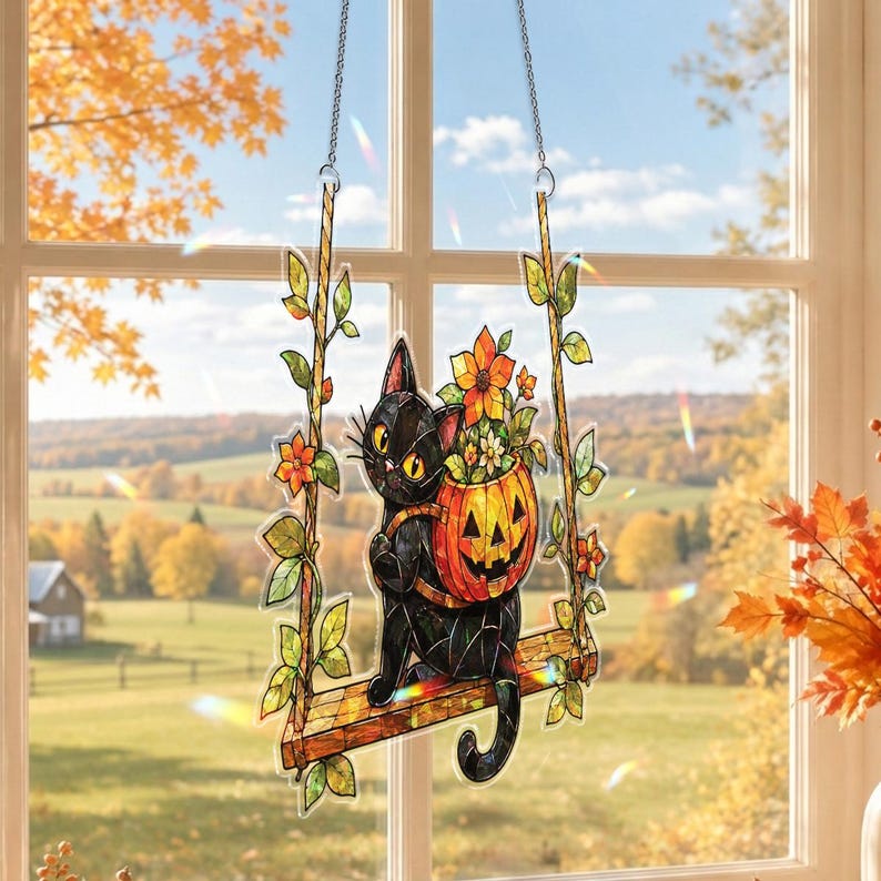Black Cat Swing Suncatcher Acrylic, Jack O Lantern Autumn Window Hanging