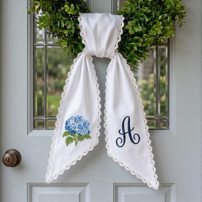 Blue Hydrangea Wreath Sash, Embroidered Door Decor, Ticking Stripe Front Porch Wreath Bow