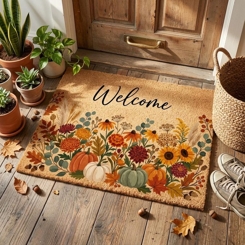 Fall Pumpkin Welcome Coir Doormat, Autumn, Thanksgiving, Front Doormat, Porch Entryway Decor, Outdoor