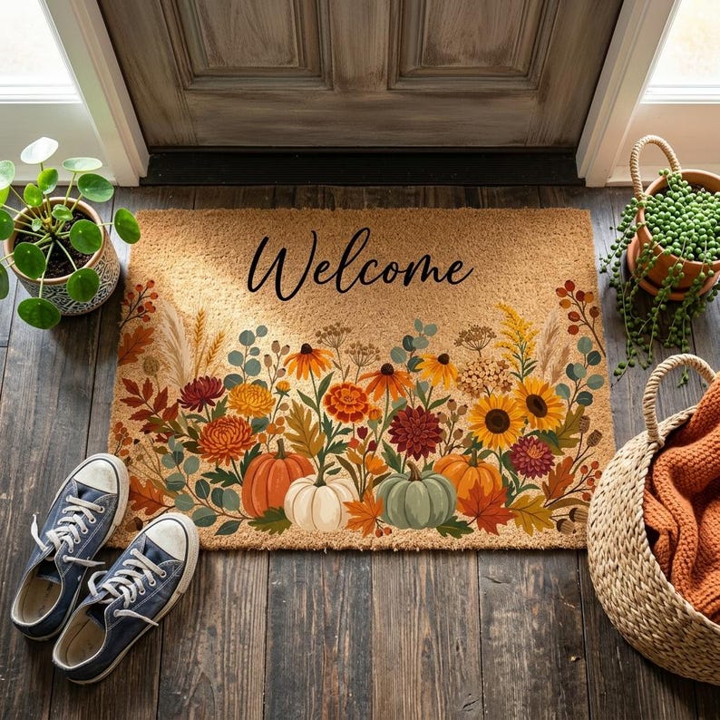 Fall Pumpkin Welcome Coir Doormat, Autumn, Thanksgiving, Front Doormat, Porch Entryway Decor, Outdoor