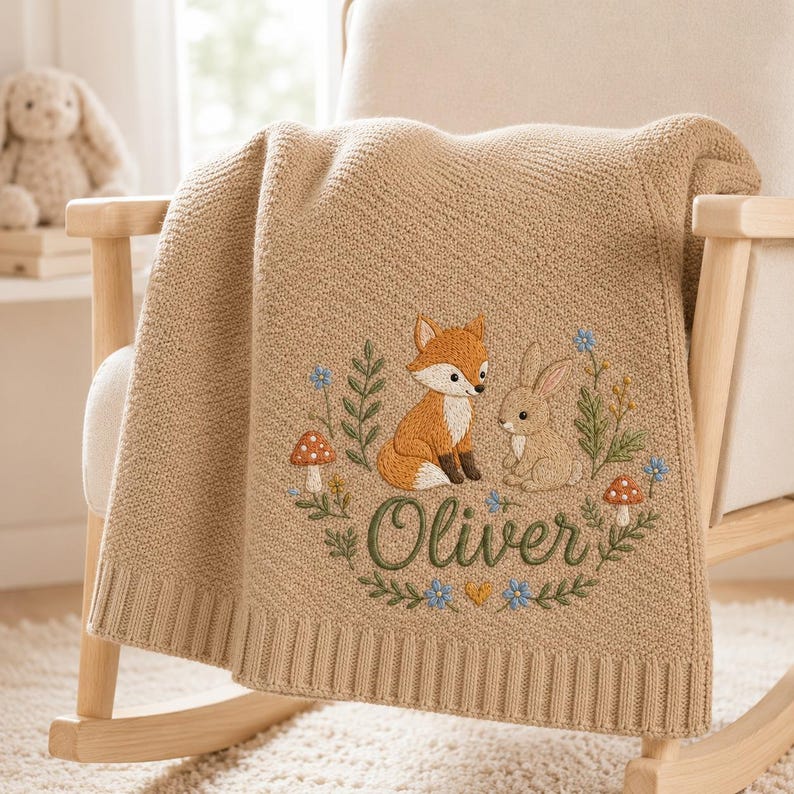 Personalized Baby Blanket, Custom Name Embroidery, Woodland Fox Rabbit, Soft Knit Nursery Keepsake