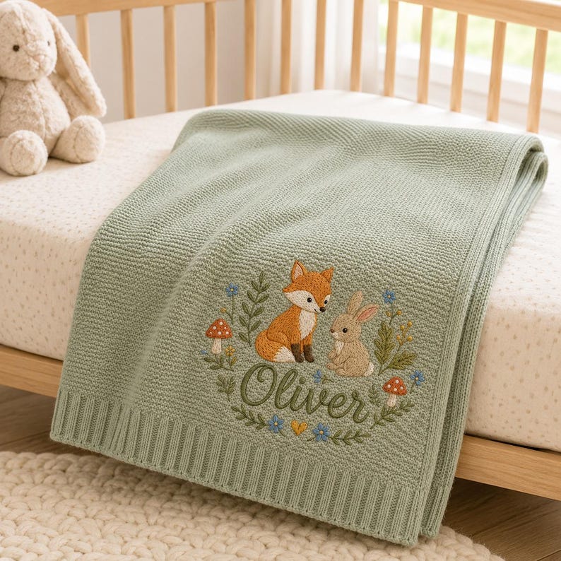Personalized Baby Blanket, Custom Name Embroidery, Woodland Fox Rabbit, Soft Knit Nursery Keepsake