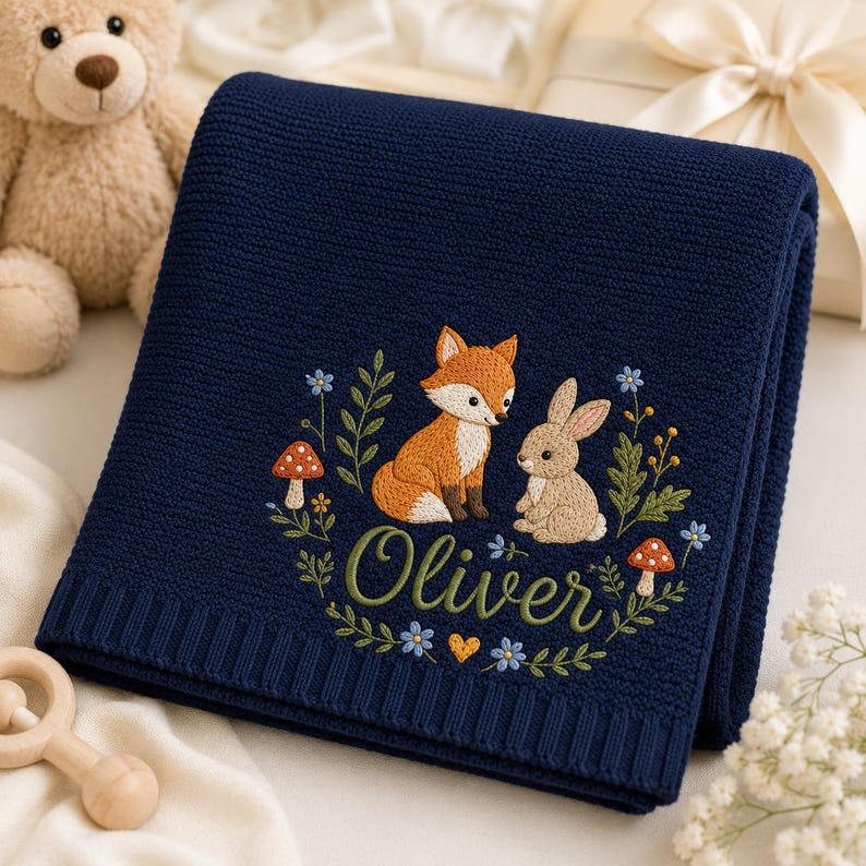 Personalized Baby Blanket, Custom Name Embroidery, Woodland Fox Rabbit, Soft Knit Nursery Keepsake