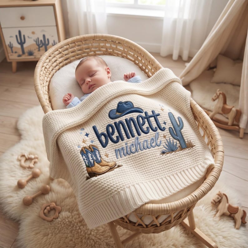 Personalized Boy Cowboy Baby Blanket with Name, Custom Embroidered Western Cowboy Boots Cactus Baby Shower Gift