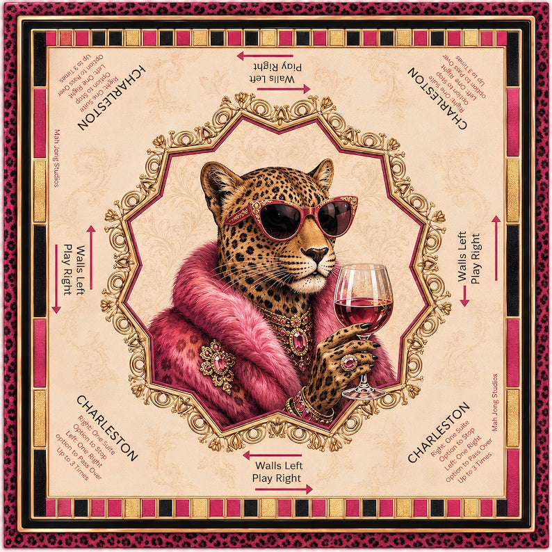 Pink Luxe Leopard Mahjong Mat, Leopard Glam with Rules, Ladies Game Night Hostess, Gift for Her