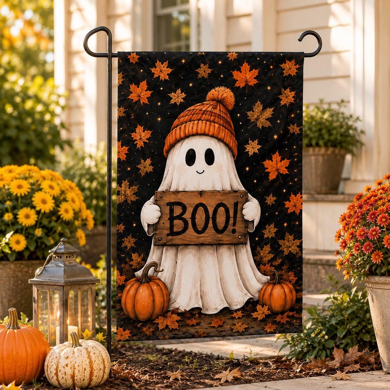 Halloween Ghost Garden Flag, Cute Boo Pumpkin Yard Sign, Autumn Maple Leaf Outdoor Flag, Spooky Fall Porch Decor