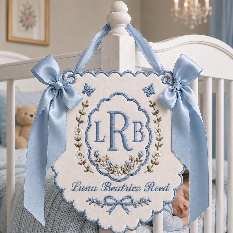 Embroidered Baby Name Banner, Custom Monogram Nursery Pennant, Hospital Door Announcement