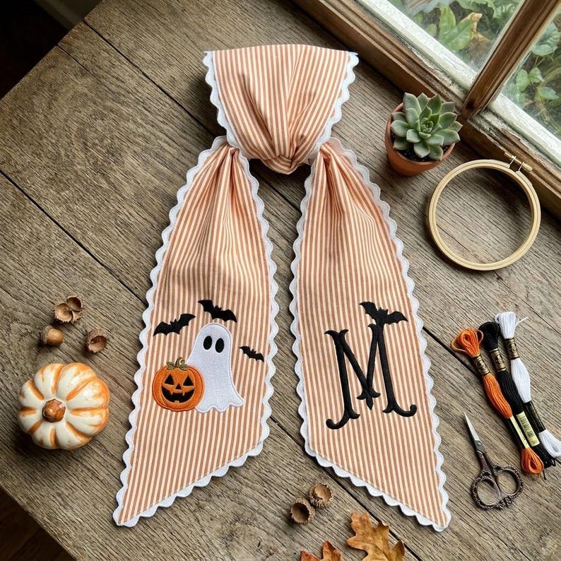 Personalized Halloween Wreath Sash, Monogram Ghost Pumpkin Door Decor, Embroidered Striped Fall Ribbon