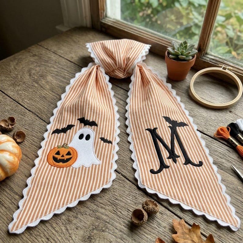 Personalized Halloween Wreath Sash, Monogram Ghost Pumpkin Door Decor, Embroidered Striped Fall Ribbon