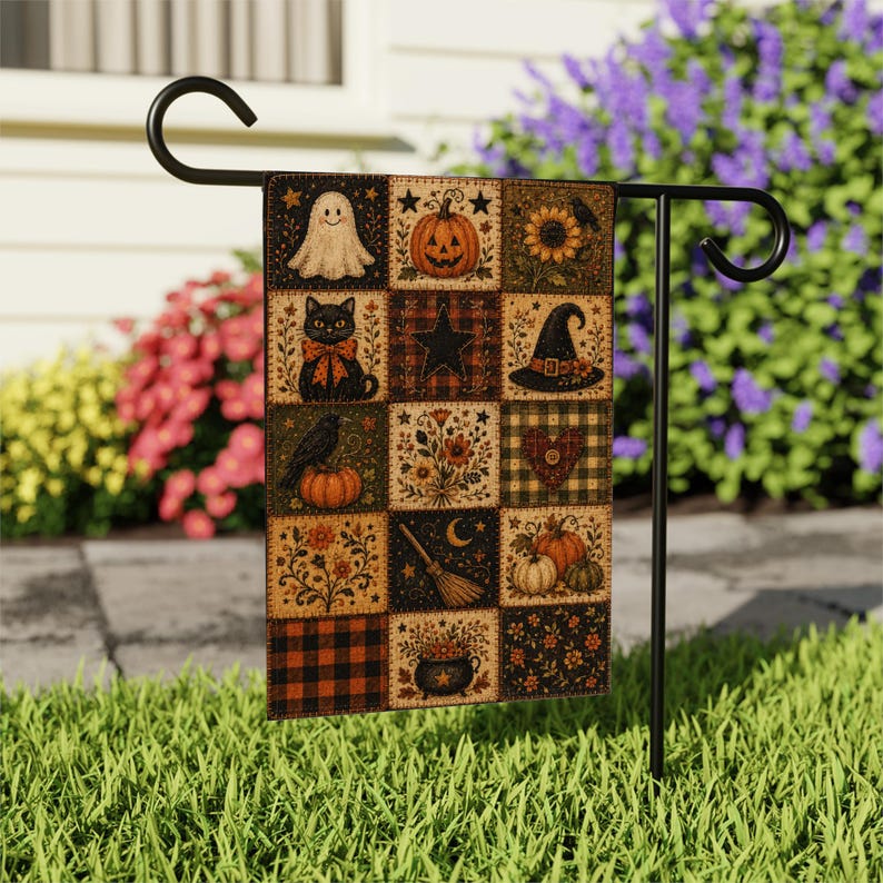 Primitive Halloween Patchwork Garden Flag, Ghost Black Cat Pumpkin Quilt Decor, Rustic House Flag