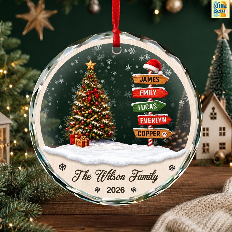Personalized Family Names Christmas Ornament, Custom Name Signpost Glass Ornament, Family With Pets Ornaments