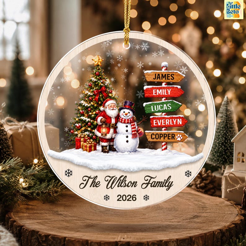Personalized Family Names Christmas Ornament, Custom Name Signpost Glass Ornament, Family With Pets Ornaments