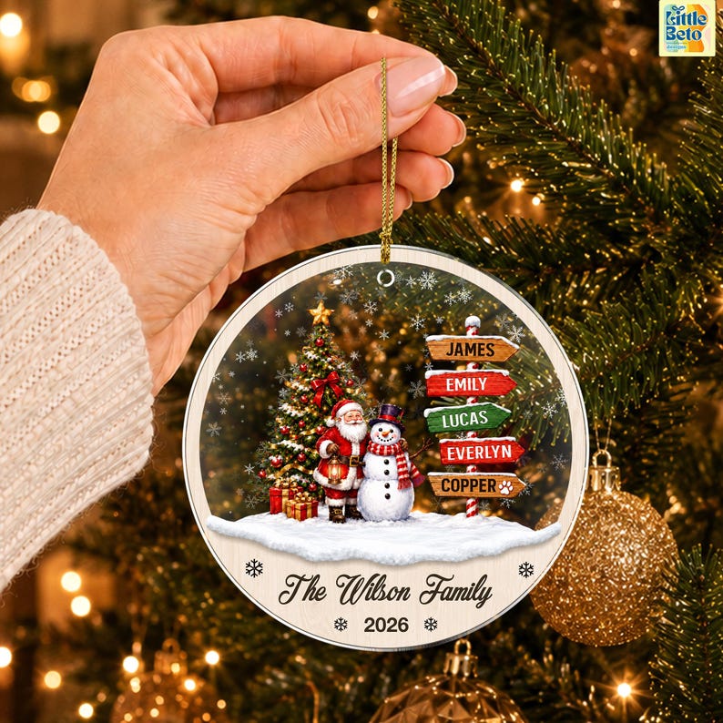 Personalized Family Names Christmas Ornament, Custom Name Signpost Glass Ornament, Family With Pets Ornaments