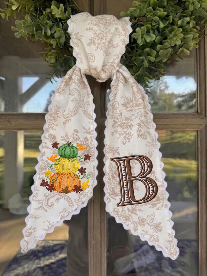 Embroidered Pumpkin Wreath Sash, Personalized Fall Monogram Decor, Orange Toile With Pumpkin Autumn Monogram Sash