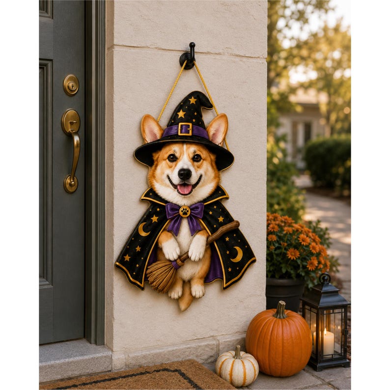 Halloween Door Sign With Corgi Witches, Pumpkins, Broom, Stars, Crescent Moon, Personalized Family Name Festive Porch Decor