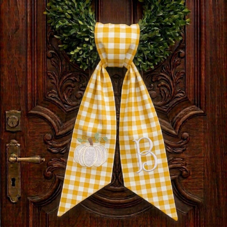 Monogrammed Gingham Pumpkin Wreath Sash, Personalized Autumn Door Hanger Bow