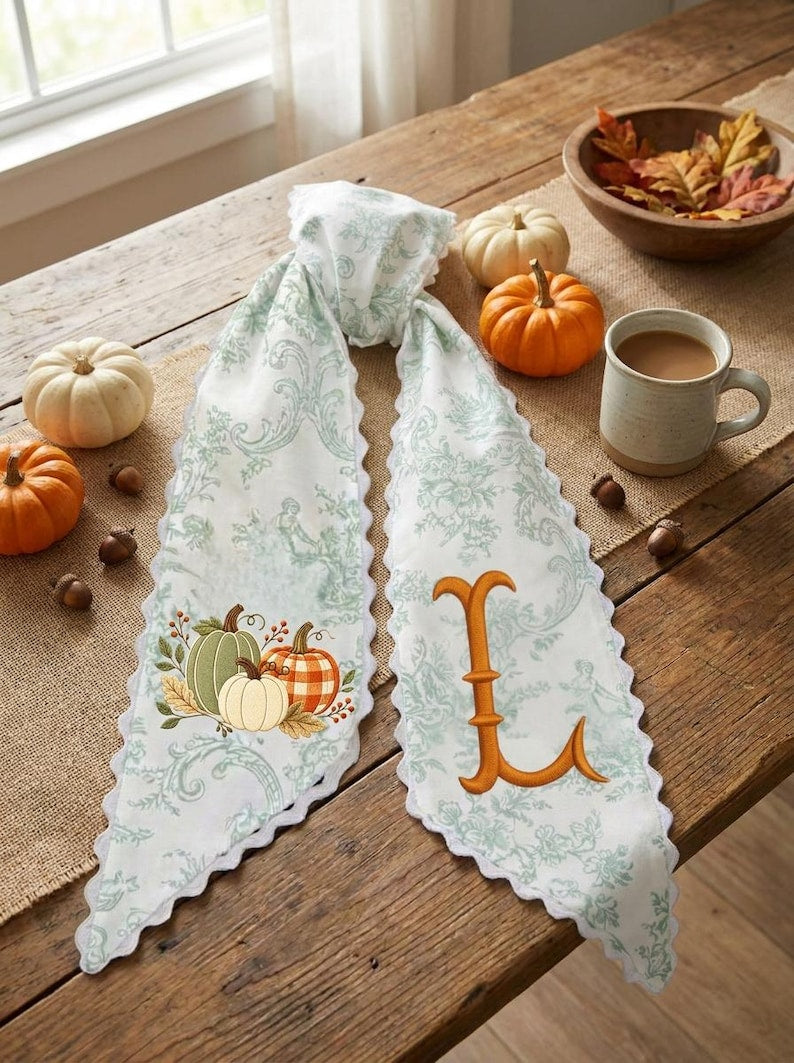 Embroidered Pumpkin Wreath Sash, Personalized Fall Monogram Decor, Orange Toile With Pumpkin Autumn Monogram Sash