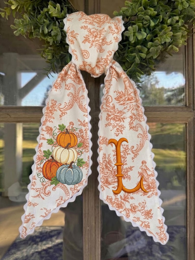 Embroidered Pumpkin Wreath Sash, Personalized Fall Monogram Decor, Orange Toile With Pumpkin Autumn Monogram Sash