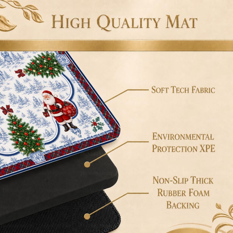 Chinoiserie Christmas Santa Mahjong Mat, Luxury Blue White Festive Tartan Game Mat, Non-Slip Table Protect Cover